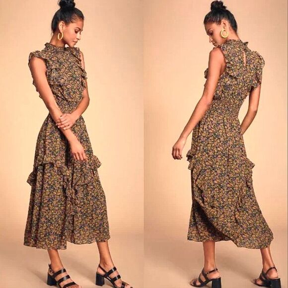 Lulu's Evelina Mustard yellow floral print mock neck midi dress size small - Picture 1 of 11